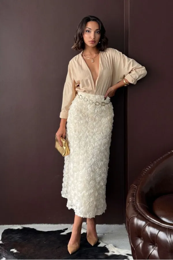 Topshow - Toptan Gül Süzüneli Etek - KREM