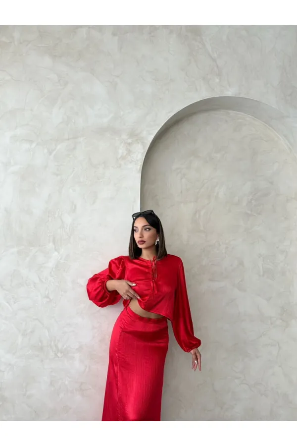 Kraşlı Saten Önden Bağlamalı Toptan Bluz - Kırmızı | Topshow | F1916