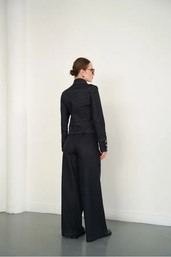 Mandarin Collar Zip-Up Jacket with Epaulets - Navy Blue | F2084 - Topshow