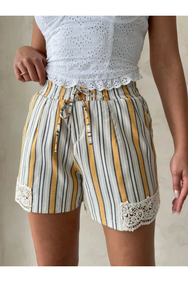 Paça Dantelli Çizgili Şort - Hardal | Topshow