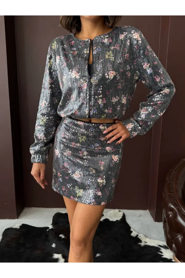 Topshow - Wholesale Flower Printed Sequin Short Skirt - Flower Dsn Sequin