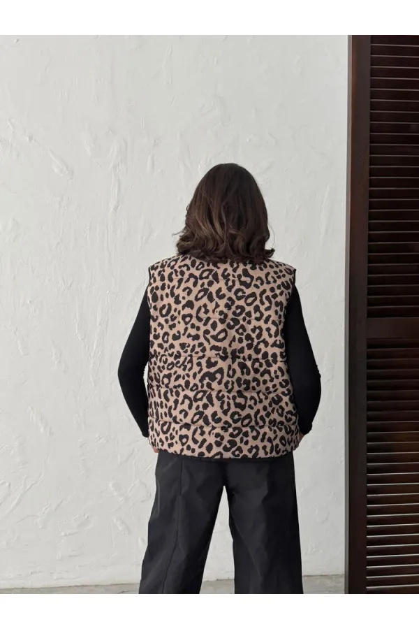 MINK BLACK F 1785 LEOPARD PRINT QUILTED VEST