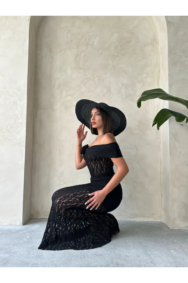 Gül Detaylı Dantel Toptan Abiye Bluz- Siyah | TOPSHOW