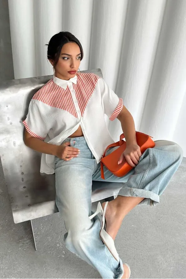 Chemise rayée à détails en gros - Fuchsia | Topshow