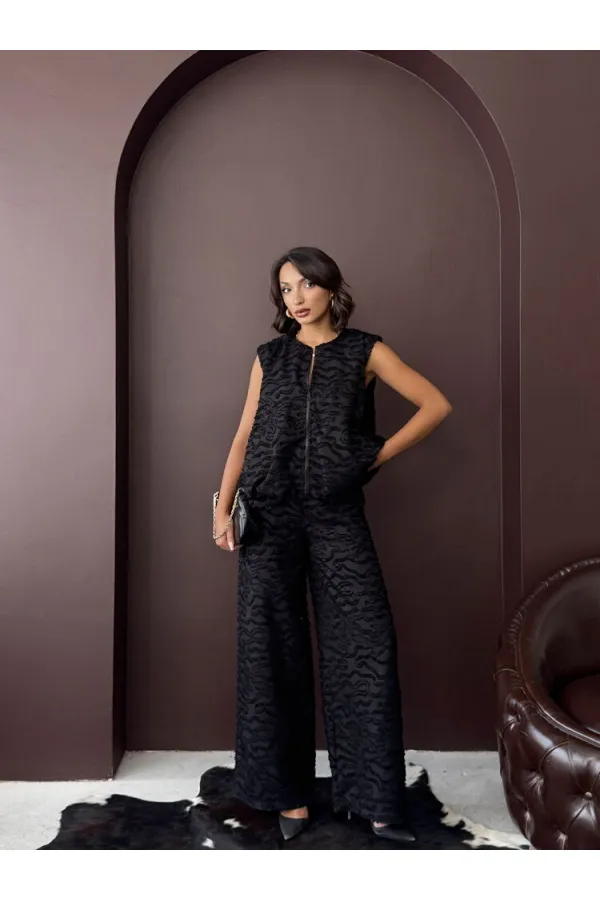 Topshow - Toptan Jakarlı Dokuma Fermuarlı Yelek - Siyah