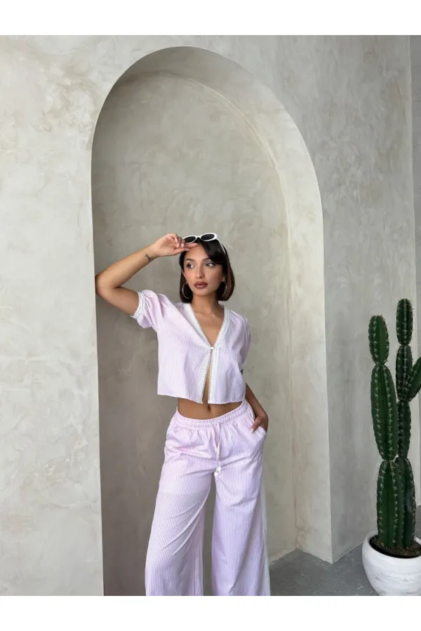 Guipure Detailed Striped Blouse - Pink | topshow