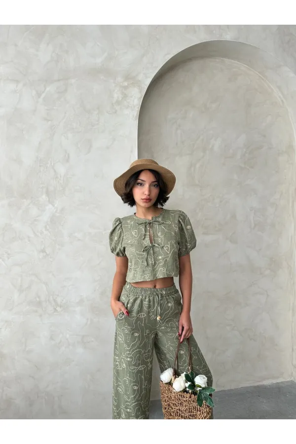 Nakışlı Önden Baglamalı Toptan Bluz - Açık Haki | Topshow