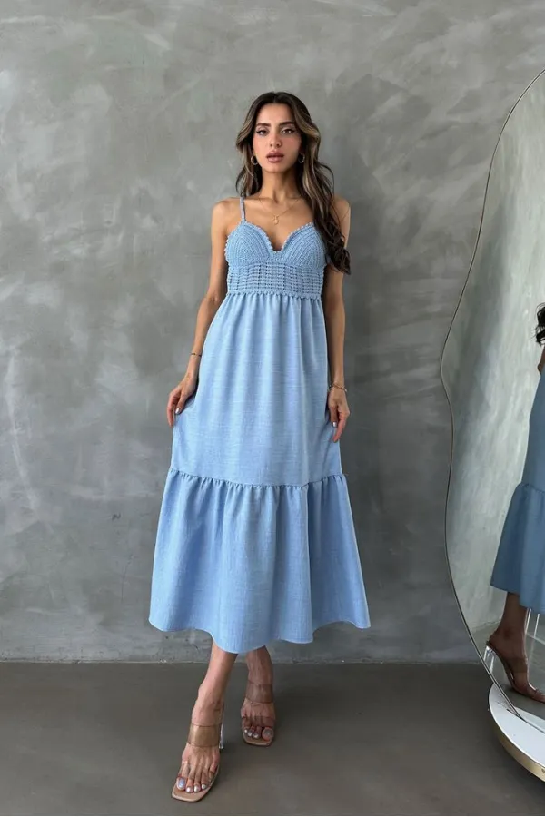 Robe longue Topshow bleue en lin à bretelles et col en V, vente en gros
