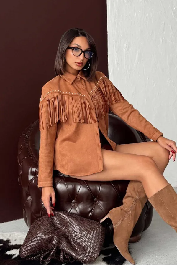 Chemise Topshow à franges en daim scuba - Beige | F2029