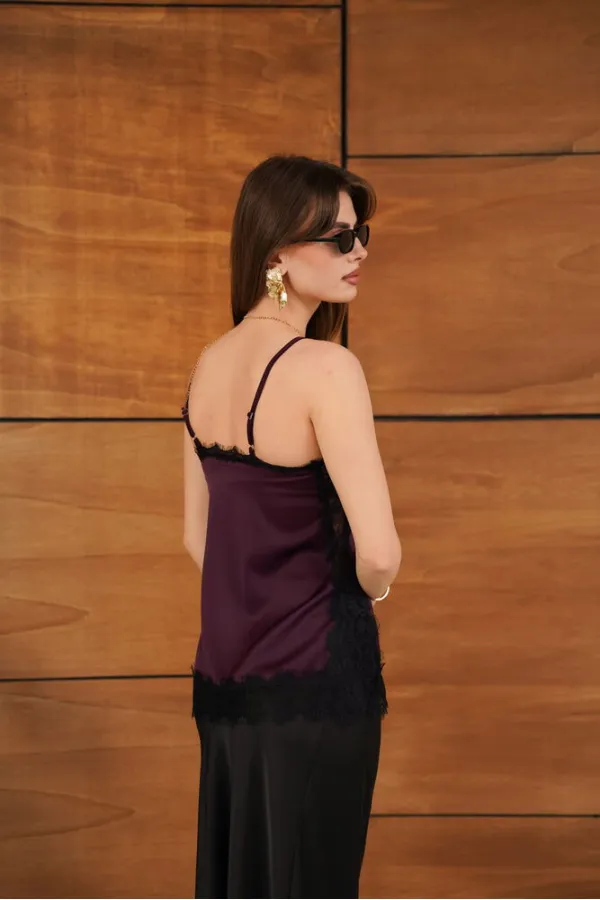 D 2931 LACE DETAILED STRAPLESS SATIN TUNIC - BURGUNDY