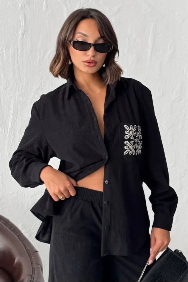 Topshow - Wholesale Embroidered Corduroy Shirt with Pocket - Black