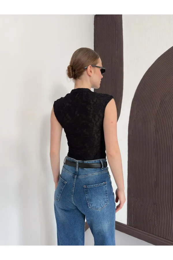 D 2997 KOLSUZ DANTEL BLUZ - SİYAH