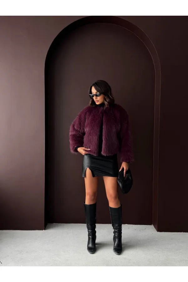 Topshow - Toptan Kürk Detaylı Mürdüm Kısa Ceket