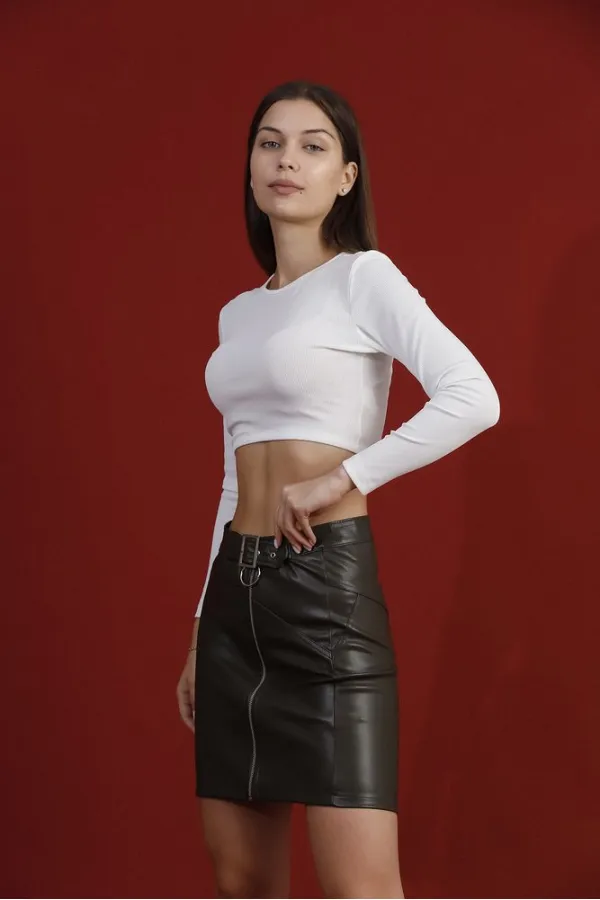 Fermuarlı Deri Toptan Etek - Haki | TOPSHOW | F0125