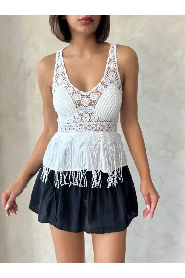 Güpür Detaylı Askılı Toptan Bluz   Krem | Topshow