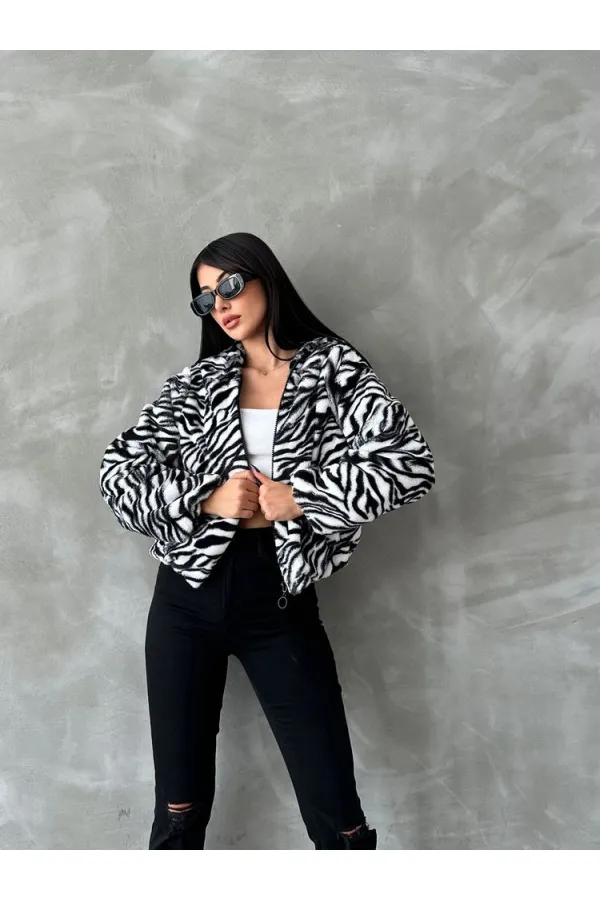 Leopar Bskılı Pejuş Toptan Mont - Siyah Zebra | TOPSHOW | F1654