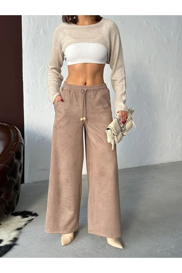 Pantalon Topshow en daim scuba à rayures - Marron clair | F1972