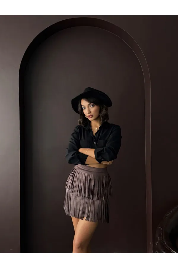 Topshow Tasseled Scuba Suede Skirt - Brown | F2030