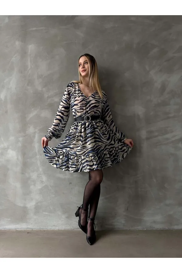 Leopar Çizgili Toptan Elbise - Mavi | TOPSHOW | F1591