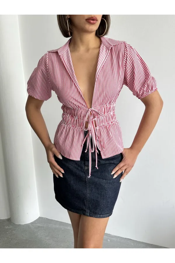 Önden Bağlamalı Çizgili Gömlek - Bordo Topshow