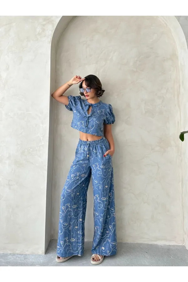 Embroidered Front Tie Wholesale Blouse - Dark Blue | Topshow