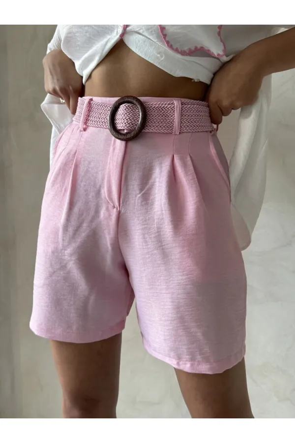 Kemerli Şort - Pembe - D2686 | Topshow