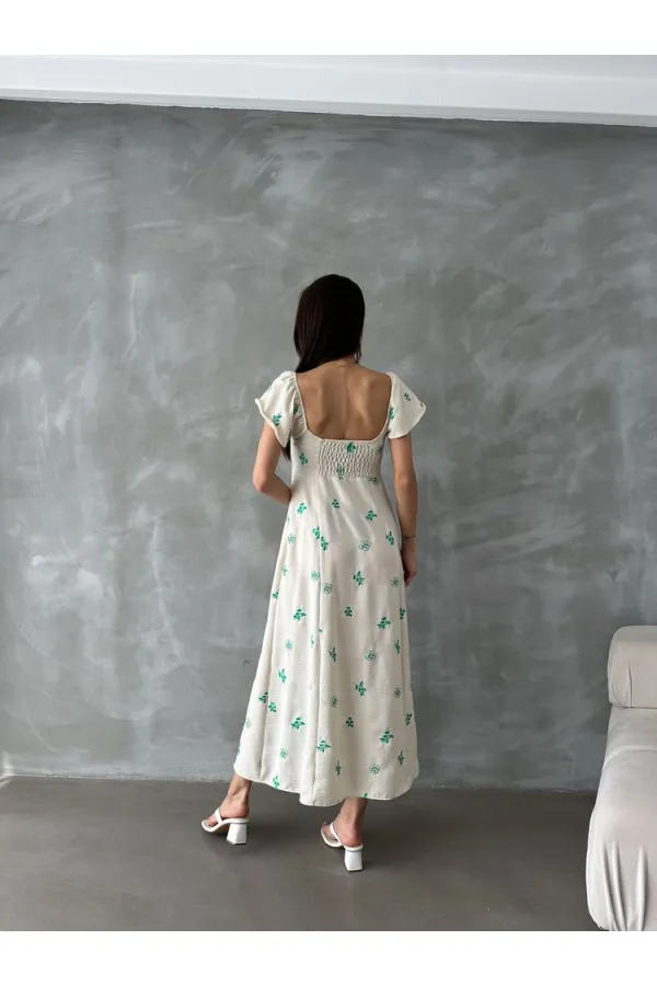 Topshow Emerald Pattern Ruffle Sleeve Tied Wholesale Dress