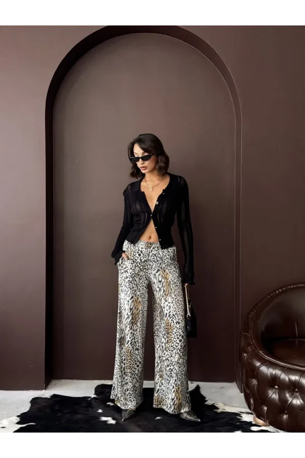 Topshow - Toptan Trend Leopar Desenli Bol Paça Pantolon - Günlük Ve Gece - Açık Leopar