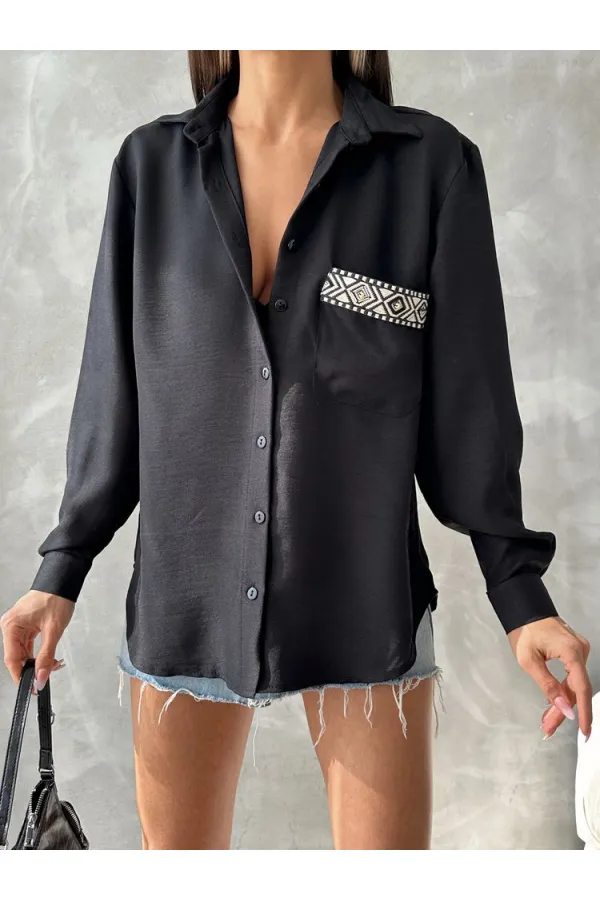 Pocket Detailed Linen Wholesale Shirt - Black | TOPSHOW | F1661