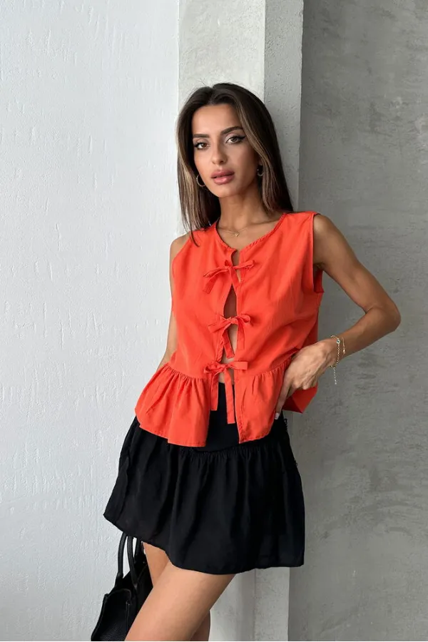 Topshow Orange Front Tie Wholesale Blouse