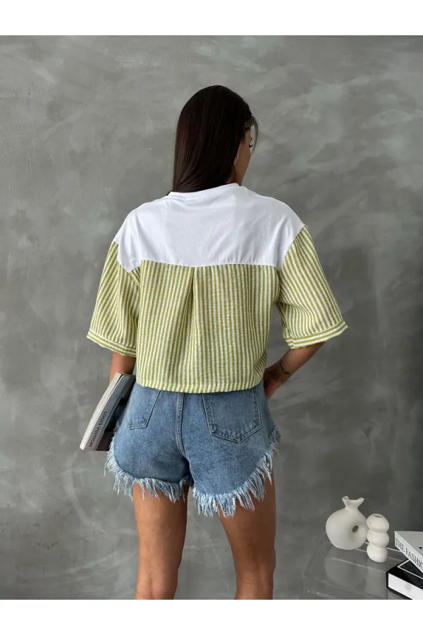 Topshow Fıstık Yeşili Çizgili Poplin Kollu Toptan T-Shirt