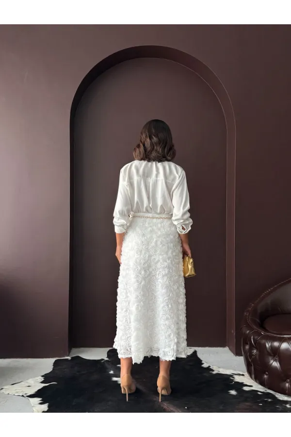 Topshow Gül Süzüneli Etek - Ekru | F2005