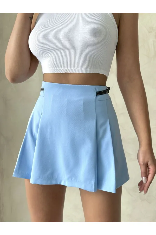 Kemer Detaylı Şort Toptan Etek - Mavi | Topshow