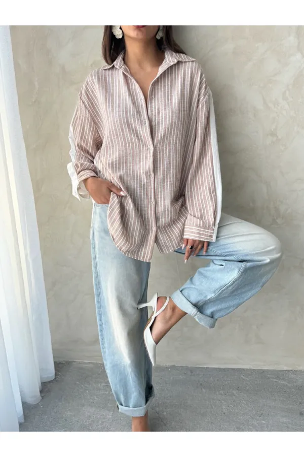 Çizgili Keten Gömlek - Kahve | Topshow | F1917