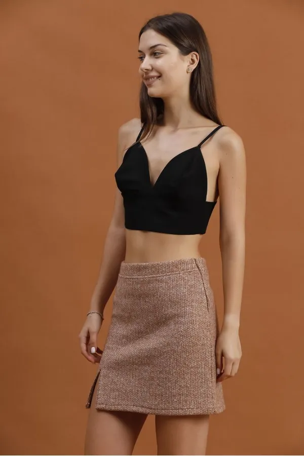 Kaşe Mini Toptan Etek - Kahve | TOPSHOW | F1352