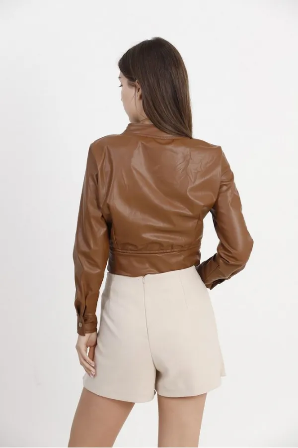 Manteau en cuir en gros - Beige | TOPSHOW | F0443