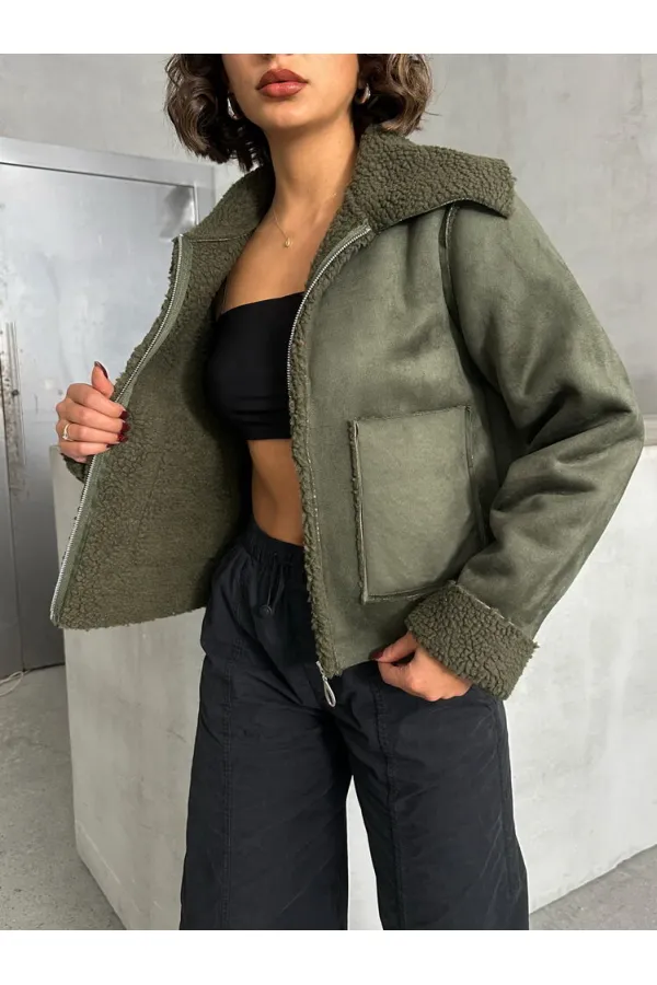 Manteau en peluche suédée F en gros - Kaki | TOPSHOW | F1856