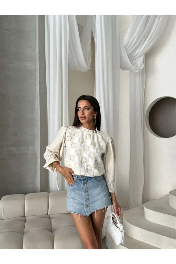 Topshow Stone Cream Lace Detail Wholesale Blouse | F1693