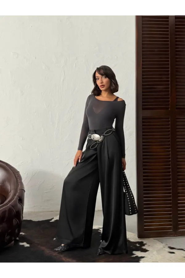 Yüksek Bel Bol Paça Saten Pantolon – Şık Ve Rahat Tasarım - Siyah | F2052