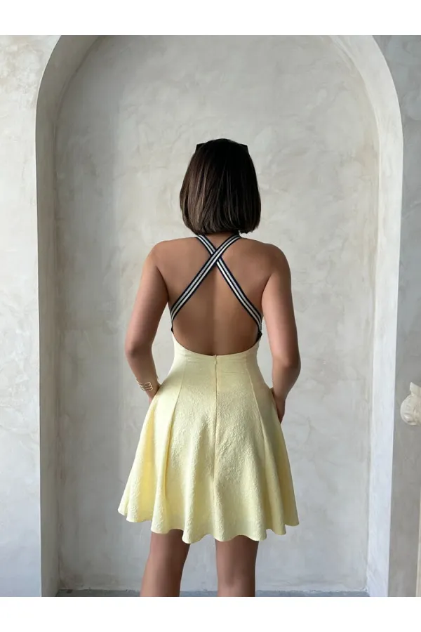 Şeritli Kolsuz Elbise - Sarı Topshow
