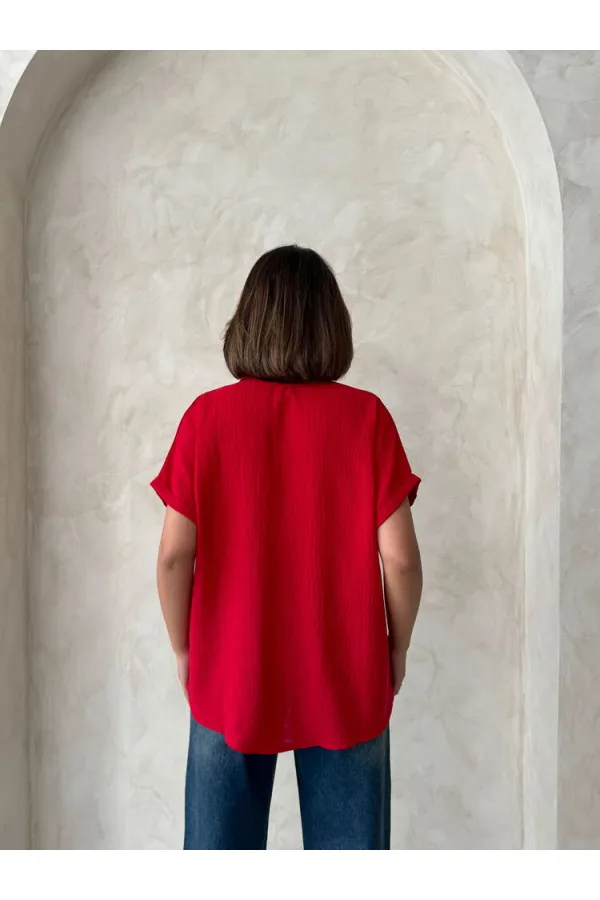 Topshow Kırmızı Keten Ham Cep Aplik Cepli Keten Toptan Gömlek