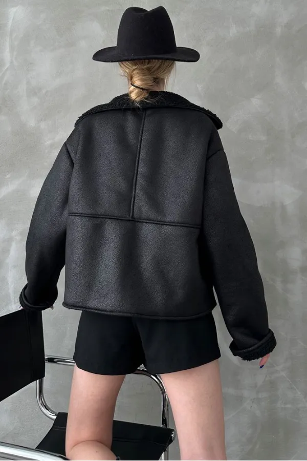 Manteau noir à col en fourrure nubuck (vente en gros) | TOPSHOW | F1553