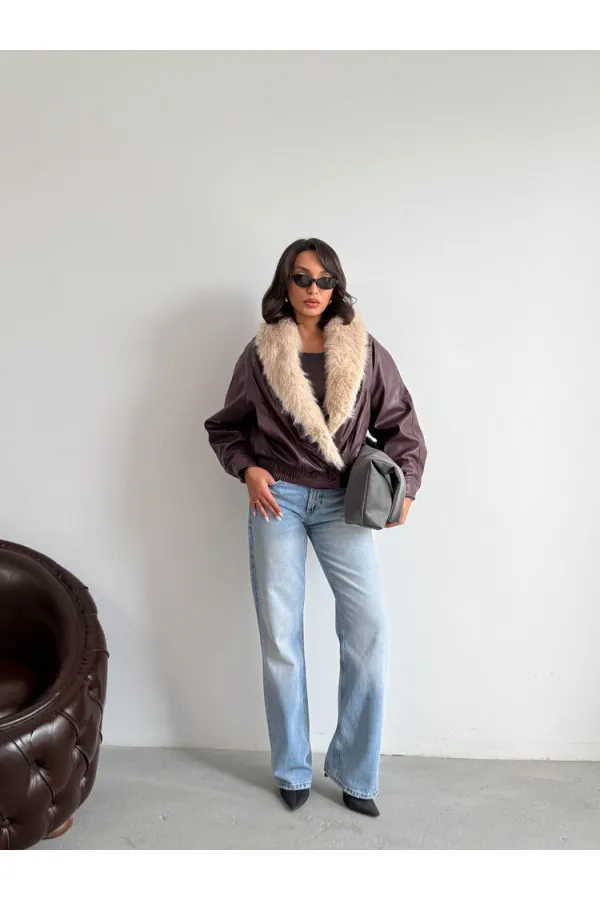 Veste en cuir croisée à col en fourrure Topshow - Bordeaux | F2050