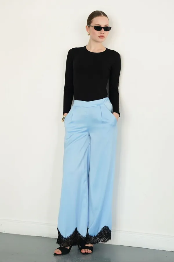 Wholesale Satin Trousers with Lace Hem - Blue | D2969 - Topshow