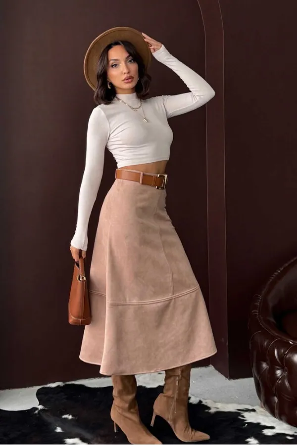 Topshow Scuba Suede Skirt - Mink | F2004