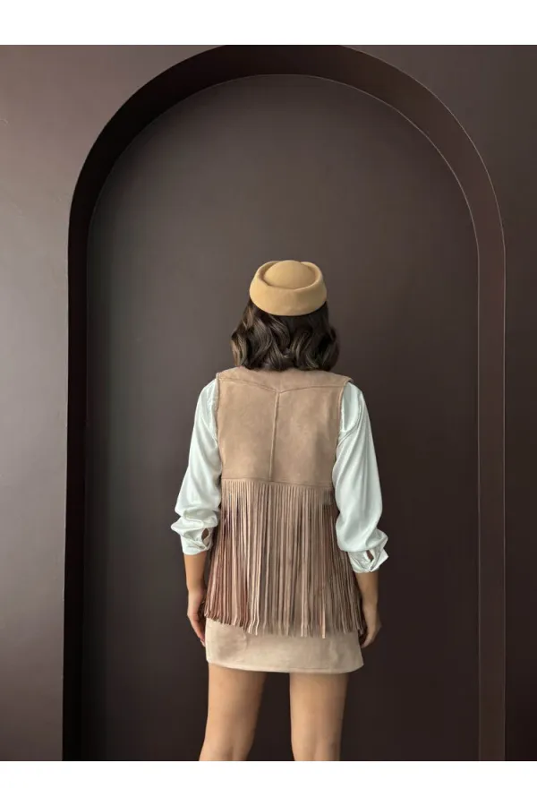 Topshow Püsküllü Droplu Yelek - Vizon | F1806