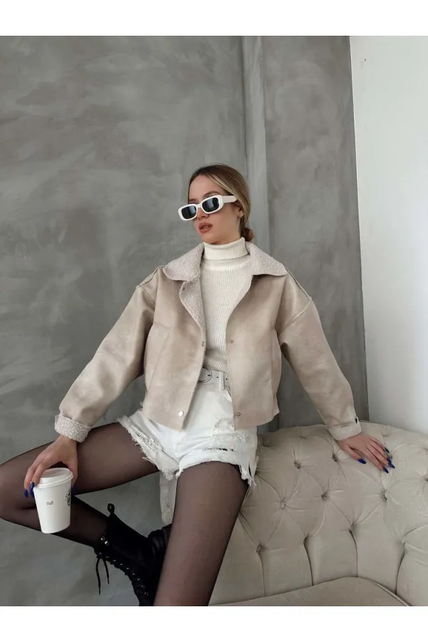 Nubuk Yakası Kürklü Toptan Mont - Taş | TOPSHOW | F1577