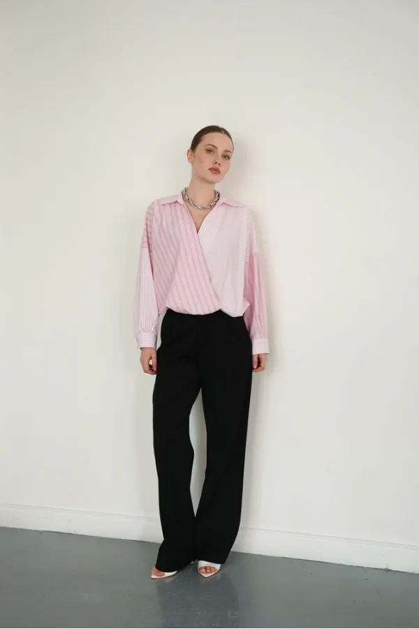 Chemises en gros avec broderies croisées de l'encolure à l'ourlet - Rose | F2094 - Topshow