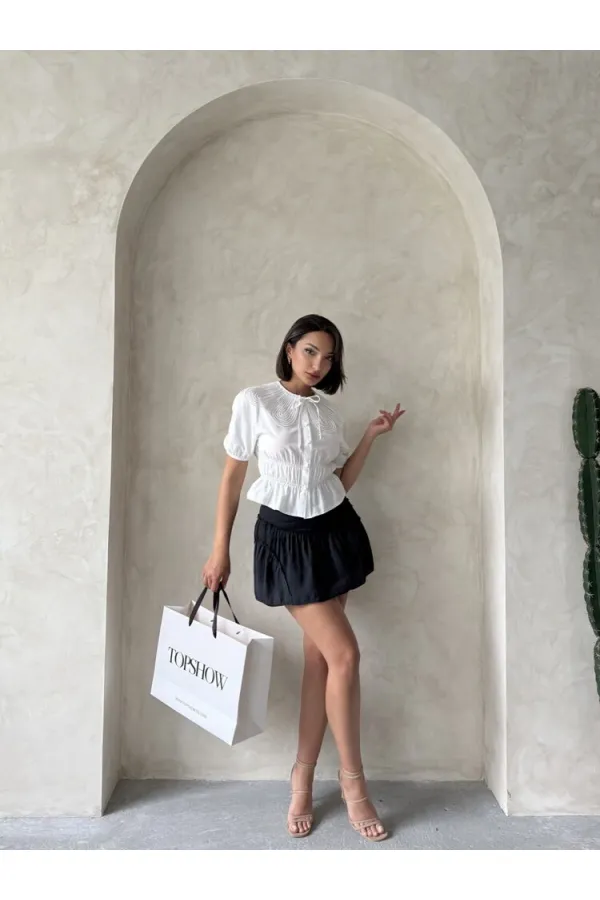 Gathered Shirt with Collar Detail - Cream | Topshow