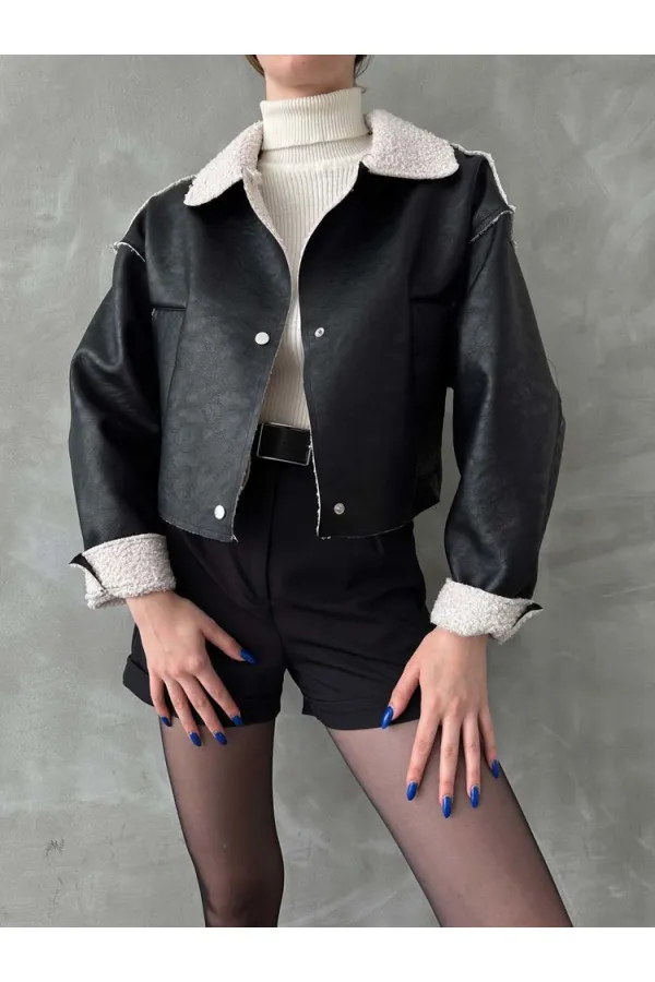 Nubuk Yakası Kürklü Toptan Mont - Siyah | TOPSHOW | F1577